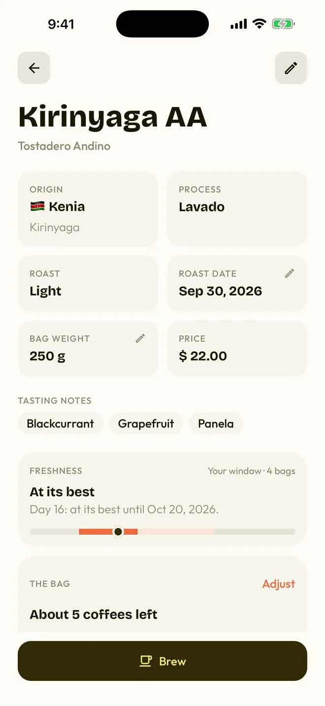 A bag's screen in the app: origin Kenya, washed process, roast date, weight, price and tasting notes.