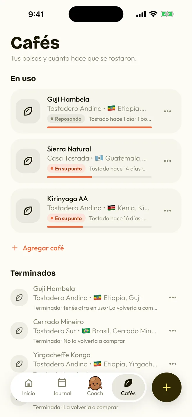 La pestaña Cafés: las bolsas en uso con su frescura y las terminadas.