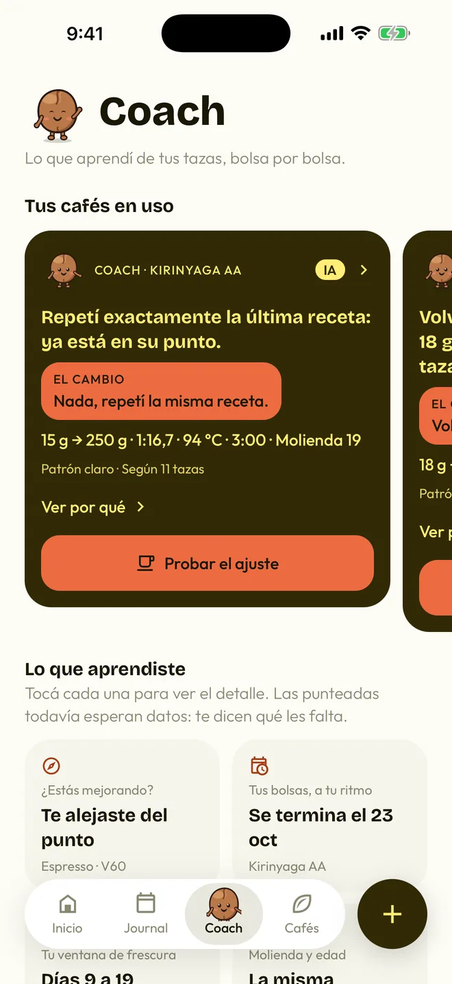 La pestaña Coach: el consejo del coach para un café de Kenia y lo que aprendió la app.