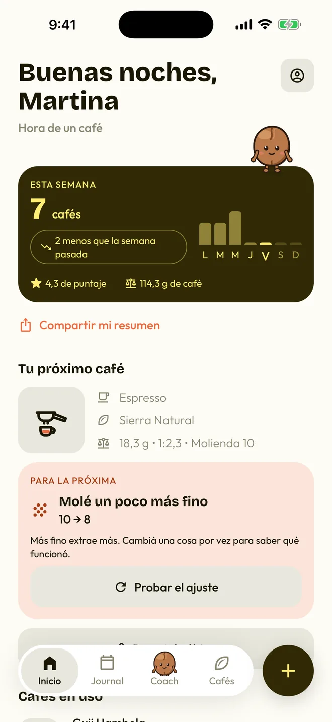 El inicio de la app: los cafés de la semana, el próximo café para preparar y el ajuste para probar.