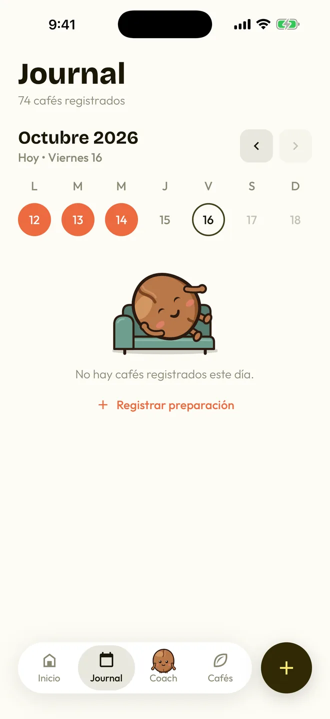 La pestaña Journal con el calendario de octubre y la mascota descansando en el sillón.