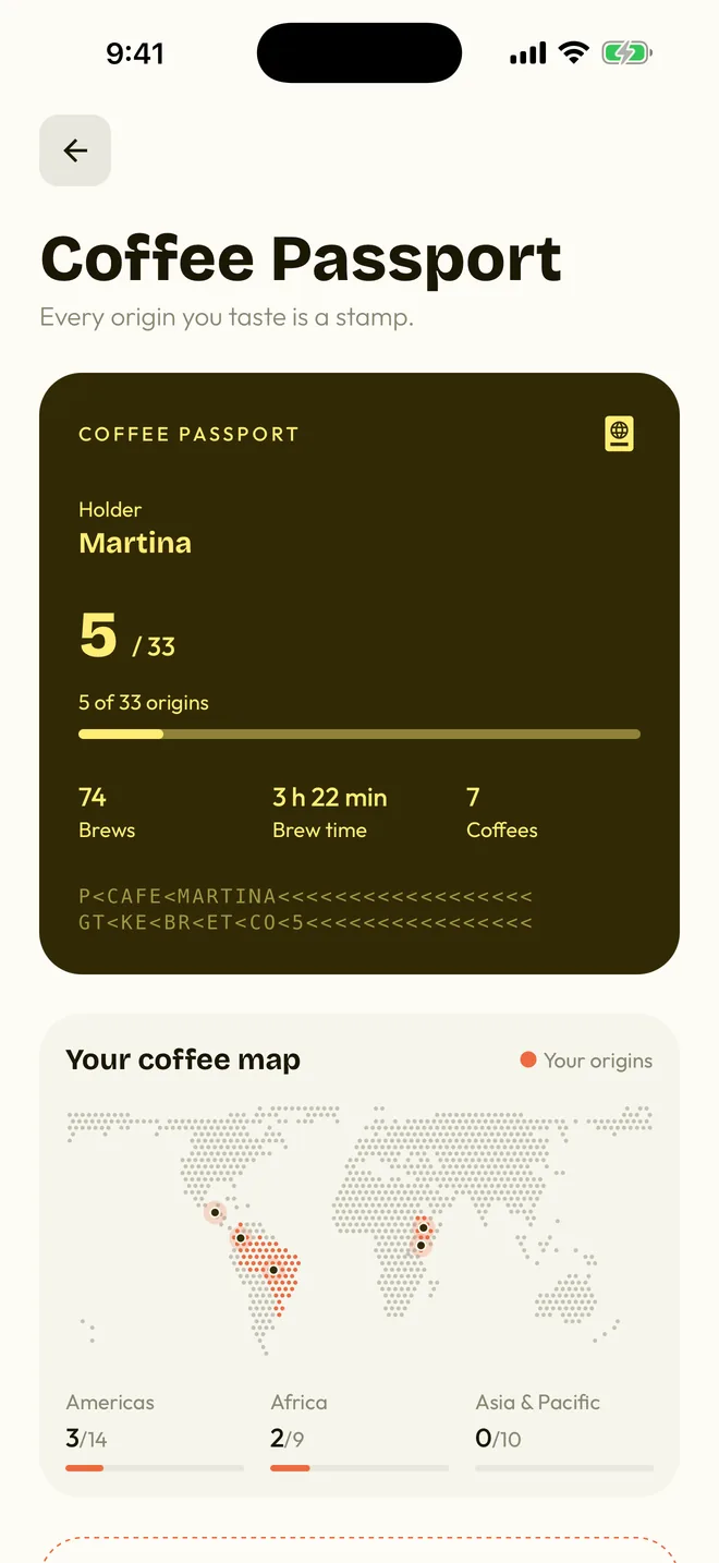 The Coffee Passport: 5 of 33 origins, with the map of the countries tried.