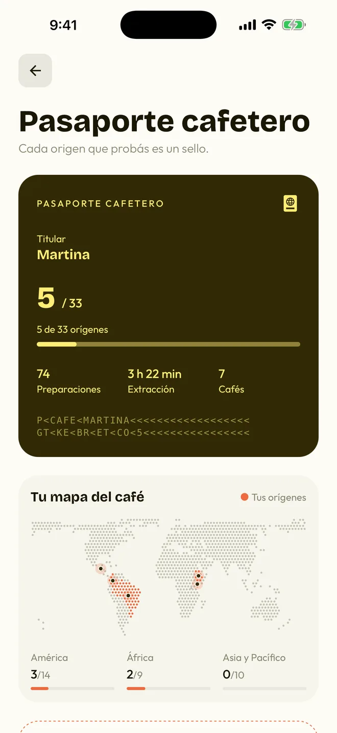El pasaporte cafetero: 5 de 33 orígenes, con el mapa de los países probados.